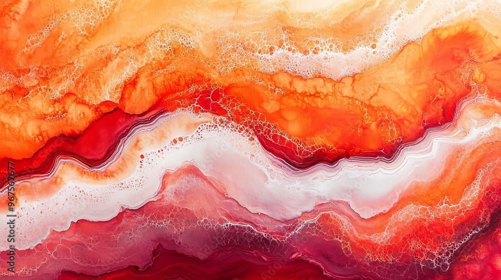 Poster red and coral colored fluid art background. liquid marble effect. acrylic painting on canvas with or