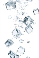 Ice cubes falling in water with bubbles on white background