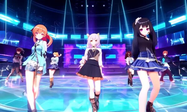 A high-energy anime dance sequence with characters performing synchronized moves in a futuristic arena