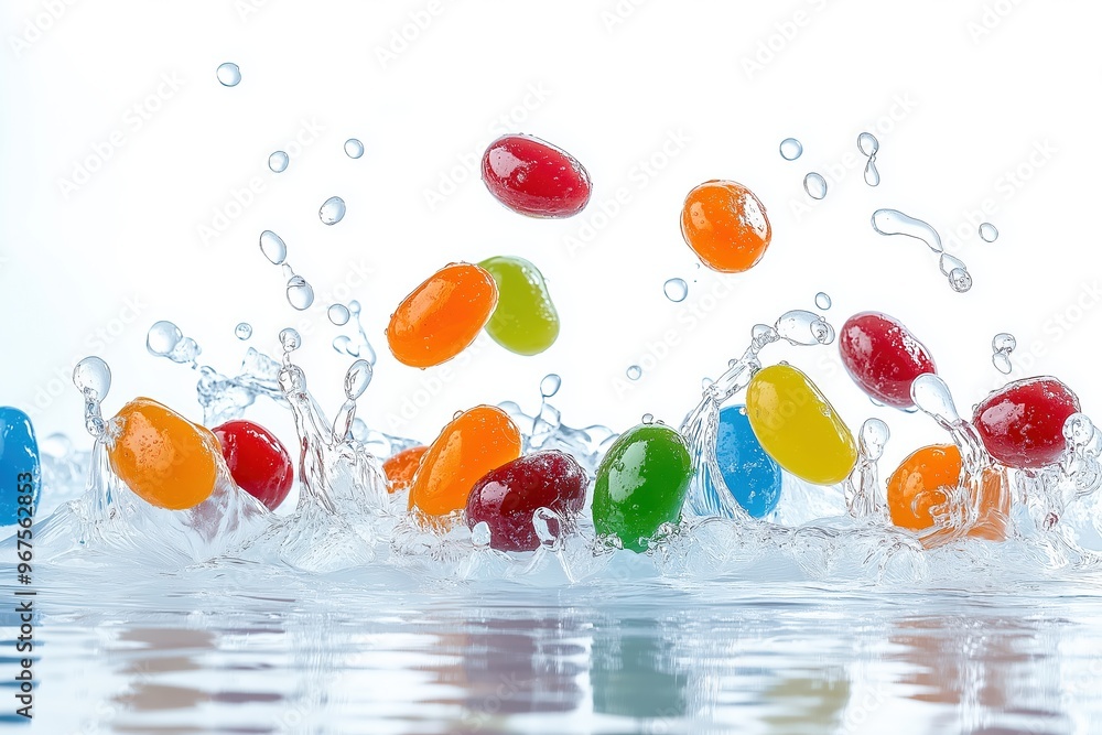 Poster colorful jelly beans splashing into water creating refreshing splashes
