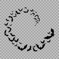spiral of black bats. silhouettes of bats of different sizes fly in a tapering round shape. vector illustration isolated on a checkered background.