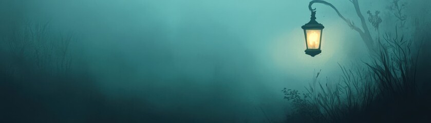 A serene, misty landscape with a glowing lantern casting a warm light in the fog. Perfect for evoking mystery and calm.