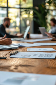 Business Meeting,  A close-up of a business meeting, showing colleagues collaborating over papers and a laptop on the table, emphasizing teamwork and focused discussion
