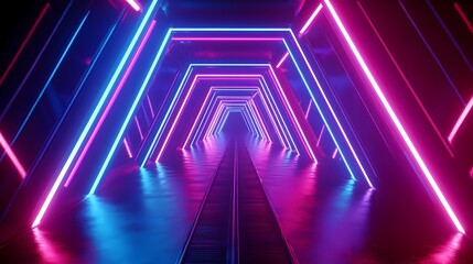 Mesmerizing Glowing Neon Tunnel with Futuristic Geometric Patterns and Vibrant Lighting