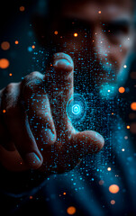 Technology. A person pressing a hologram with one finger. Artificial intelligence