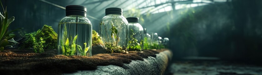A greenhouse like laboratory features glass containers filled with vibrant plants, showcasing serene and lush environment. interplay of light and shadow creates tranquil atmosphere