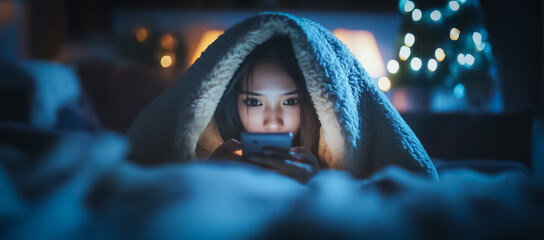 A young woman, cozily tucked under a blanket, intently stares at her smartphone in a dimly lit room, possibly browsing social media or messaging.