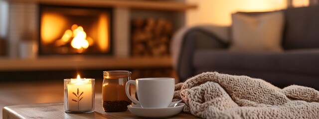 A cozy living room with soft blankets and hot cocoa on the coffee table, lit by warm candlelight from an open fireplace in the background