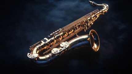 supran saxophone with a hyper detailed, hyper realistic style. The saxophone is placed on a dark background