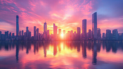 Fototapeta premium City Sunset, A stunning sunset illuminates the city skyline, with skyscrapers reflecting the warm colors of the vibrant sky in the golden hour
