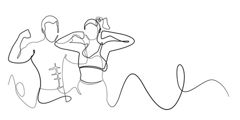 continuous line of athletic couple showing arm muscles.one line drawing of man and woman showing healthy bodies in fitness center.single line vetor illustration