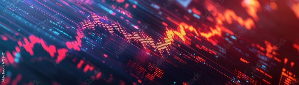 Poster colorful digital wave patterns illustrate data flow and technology advancements in a modern, abstrac