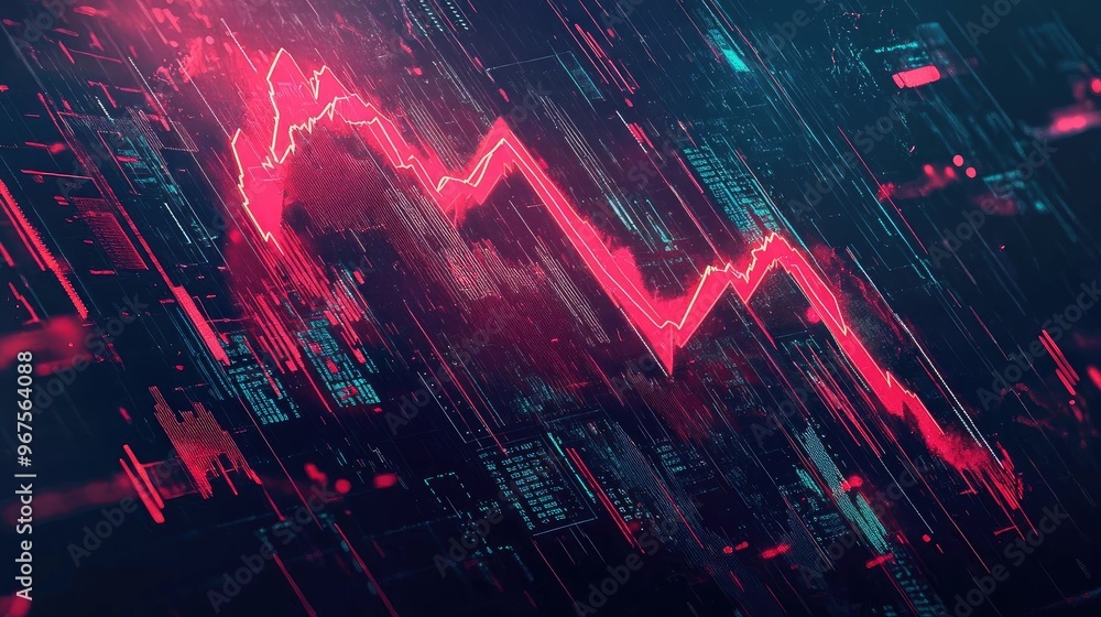 Poster abstract digital graph with vibrant pink lines representing data trends and fluctuations on a dark b