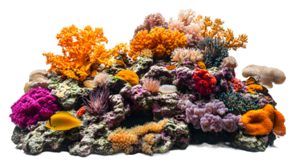 Colorful coral reef with diverse marine life thriving under water isolated on transparent background