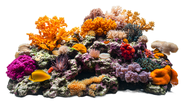 Colorful coral reef with diverse marine life thriving under water isolated on transparent background