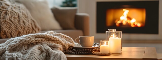 A cozy living room with soft blankets and hot cocoa on the coffee table, lit by warm candlelight from an open fireplace in the background