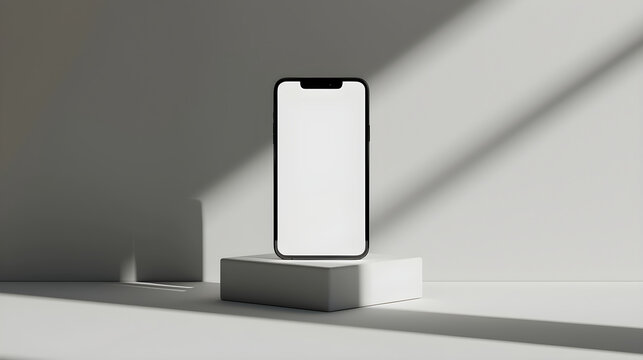Mobile phone concept on a pedestal on a gray stone background. Concept mock-up template for advertising phone, new model, mobile applications with space for text