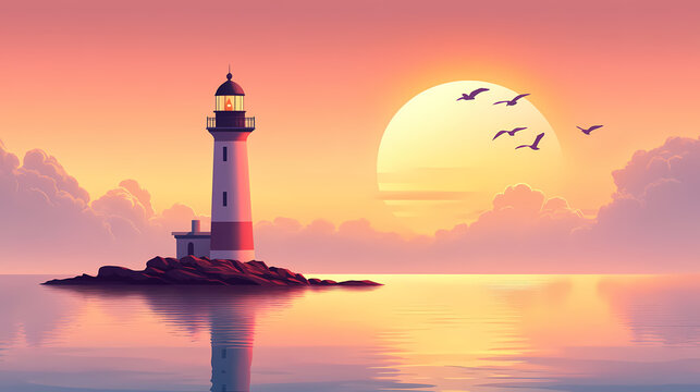 Beautiful lighthouse on the sea, calm water, pink sky, sunset. for design, background, cover, poster, banner, ppt, kv design, wallpaper. Lighthouse. Illustration