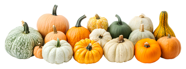 Various pumpkins and gourds displayed together for autumn season isolated on transparent background