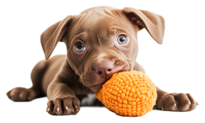 Cute brown puppy playing with a bright orange toy at home isolated on transparent background