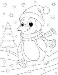 christmas penguin coloring book page. ready to print on standard 8.5x11 inch paper at 300 dpi for high quality printing