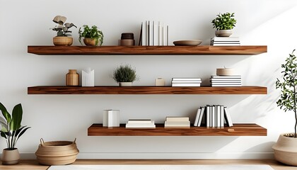 Minimalist floating shelves in brown wood showcasing simple design for home decor and stylish organization in interior spaces