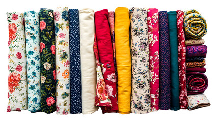 Colorful fabric rolls arranged neatly for crafting projects isolated on transparent background