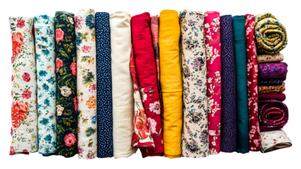 Colorful fabric rolls arranged neatly for crafting projects isolated on transparent background