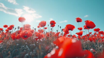 Obraz premium Field of poppies with vibrant red petals, swaying gently in the wind under a clear blue sky.