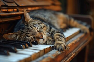 Tabby cat sleeping peacefully on old piano keys
