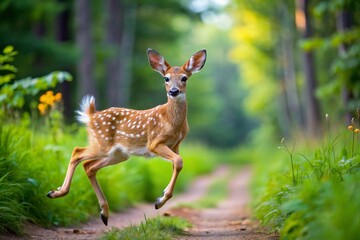 White tailed deer fawn with hind on natural trail in north Wisconsin