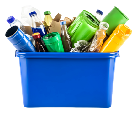 Recycling bin filled with various plastic and cardboard materials isolated on transparent background