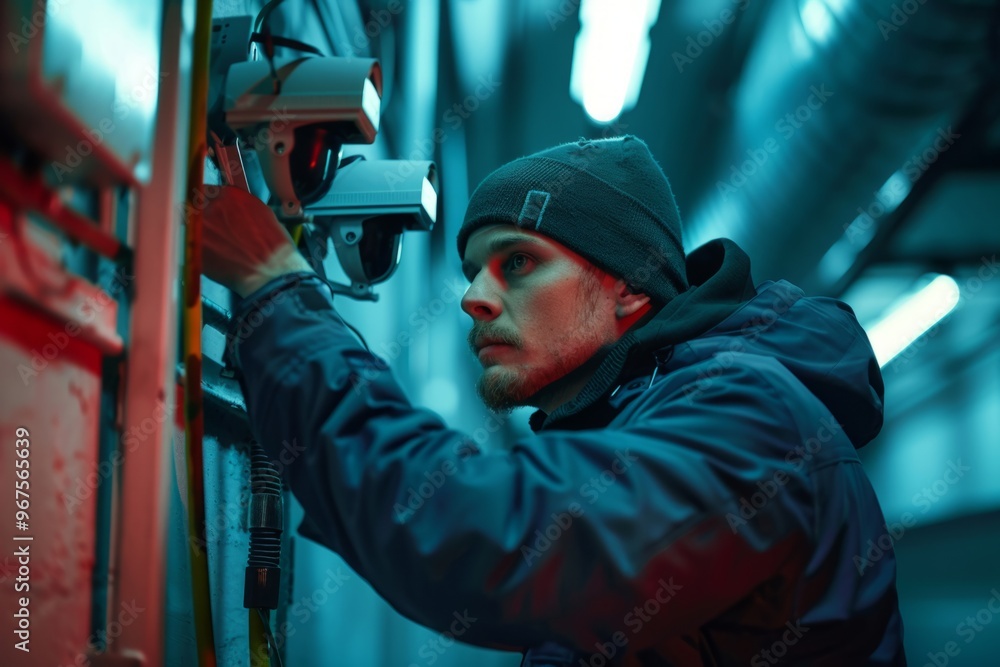 Aufkleber technician installing security camera in server room