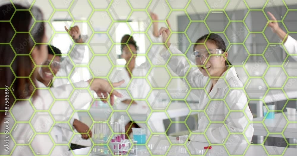 Poster animation of scientific data processing over diverse scientists in laboratory