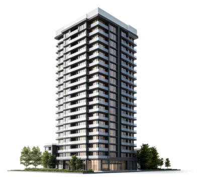 Modern residential tower with sleek design in a vibrant urban area isolated on transparent background