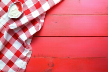 Obraz premium Picnic tablecloth with red checks on a pink wooden table, top view.