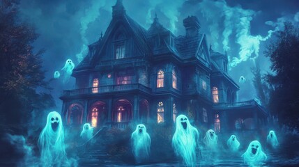 Obraz premium A spooky haunted house surrounded by eerie glowing ghosts, creating a chilling atmosphere perfect for Halloween.