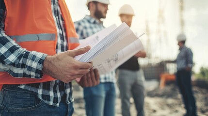 Construction Workers Reviewing Blueprint at Building Site