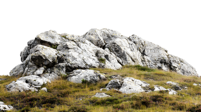 Large rocky formation on a grassy hillside under a clear sky isolated on transparent background