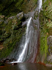 Fototapeta premium close up of chute du galion, waterfall in guadeloupe near Soufriere volcano. tropical cascade and stones