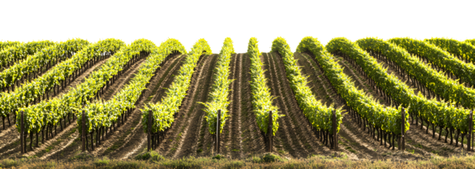 Vibrant vineyard rows thriving in sunlight during early summer isolated on transparent background