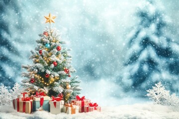 Decorated Christmas Tree with Presents in Snowy Forest