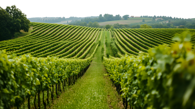 Vast green vineyards under overcast skies in rural landscape isolated on transparent background
