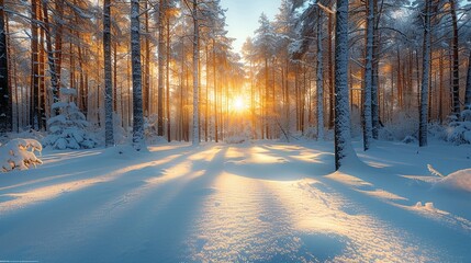 Winter in a Russian forest, with the sun filtering through the trees and glistening snow
