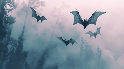 A stunning depiction of bats flying through a foggy forest, creating an eerie and atmospheric scene.