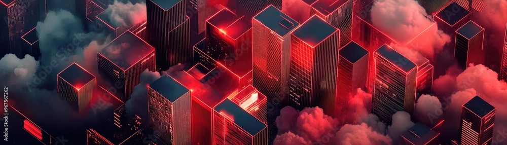 Poster Aerial view of a futuristic cityscape illuminated by red lights and enveloped in clouds, creating a dramatic and vibrant atmosphere.