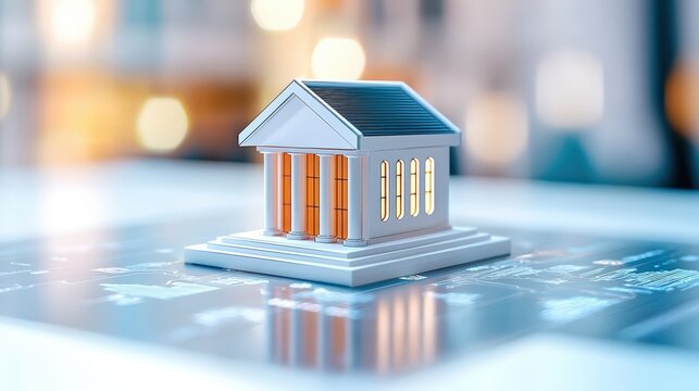Detailed miniature bank building on a map, symbolizing finance and investment opportunities in a modern setting.