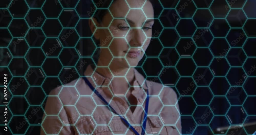 Poster animation of scientific data processing over caucasian female it technician by computer servers