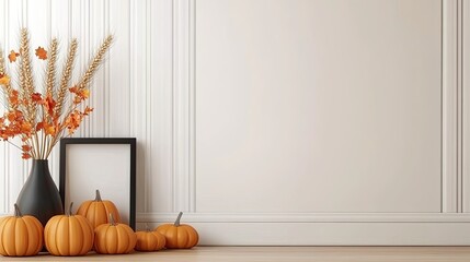 A simple black frame mockup sits on a shelf adorned with a pumpkin and wheat arranged in a vase, set against a warm orange textured wall, embodying autumn aesthetics