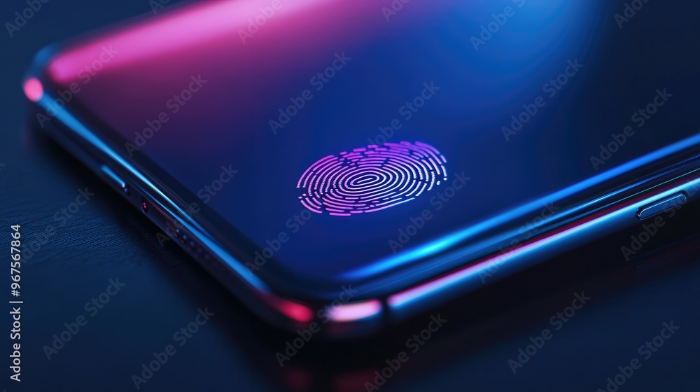 Poster a close-up of a mobile phone with a fingerprint authentication icon on the screen.